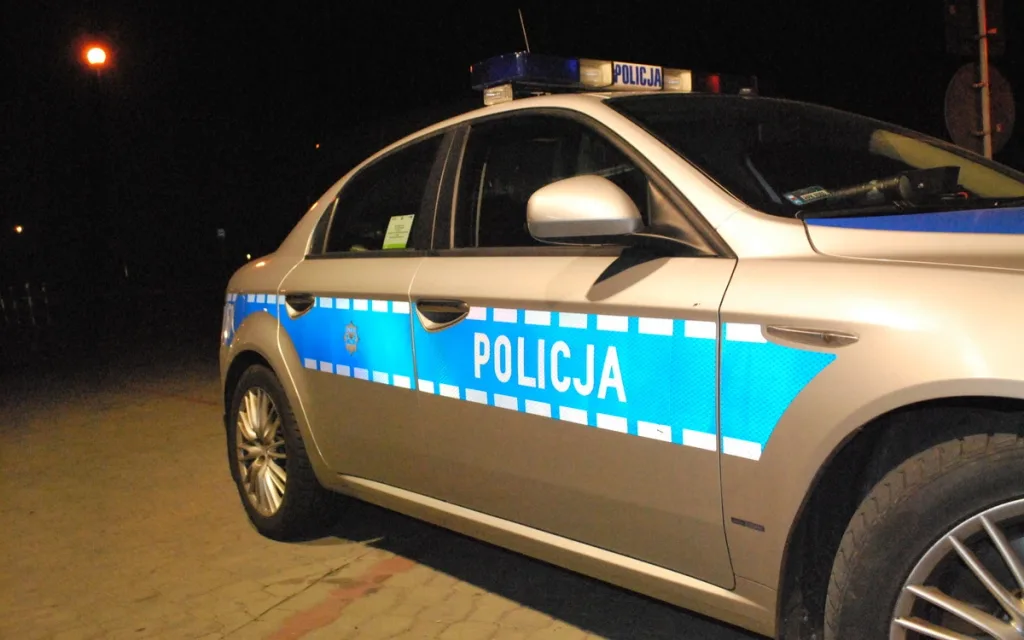 Policyjny radiowóz, ciemna noc