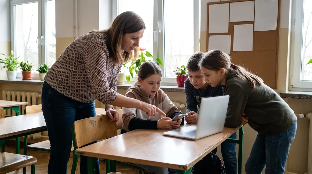 Nauczycielka w klasie pokazuje palcem ekran smartfona, który trzyma uczennica, obok dwoje dzieci patrzy na telefon i laptopa