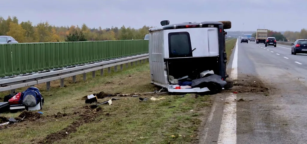 Wypadek na autostradzie A4, samochód lezy na lewym boku